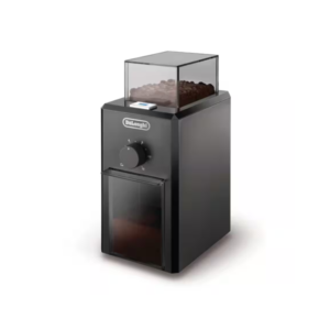 De'Longhi KG79 electric burr coffee grinder in black with transparent bean hopper and ground coffee container