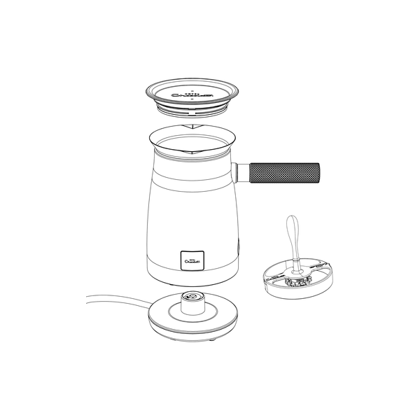 Hotel Chocolat Velvetiser hot chocolate maker in charcoal, barista-grade drinking chocolate machine with dual spout and cast iron handle