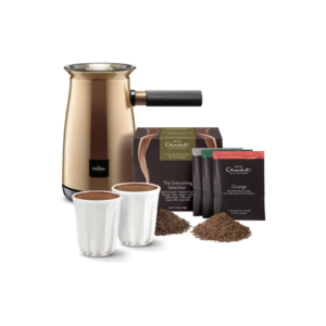 Hotel Chocolat Velvetiser hot chocolate maker in charcoal, barista-grade drinking chocolate machine with dual spout and cast iron handle
