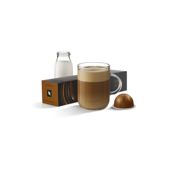 Close-up of Nespresso Vertuo Bianco Forte capsule with Barista Creations text and barcode on side, showing capsule details