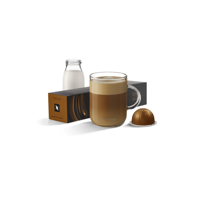 Close-up of Nespresso Vertuo Bianco Forte capsule with Barista Creations text and barcode on side, showing capsule details