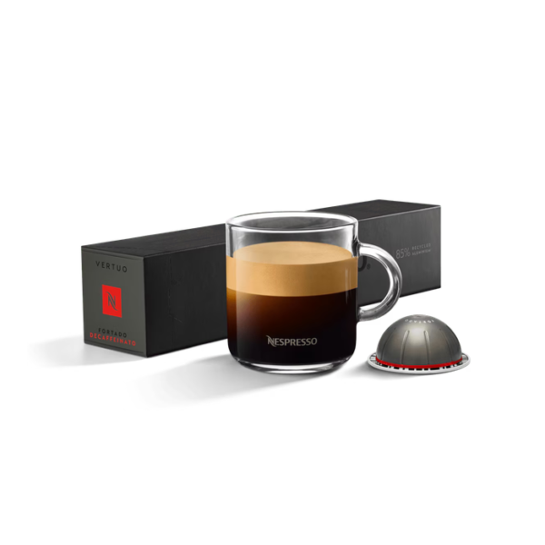 Nespresso Vertuo Fortado Decaffeinato Brewing Nespresso Vertuo Fortado Decaffeinato coffee brewing into a glass cup with dark crema