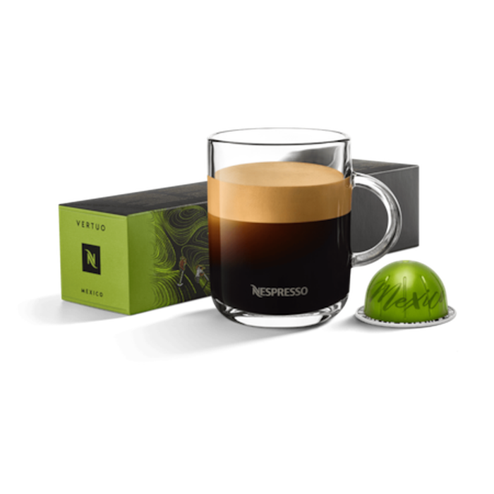 Brewed Mug of Nespresso Vertuo Master Origins Mexico Coffee Brewed Nespresso Vertuo Master Origins Mexico coffee in a white mug with crema layer