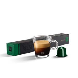 Close-up view of a single Nespresso Espresso Capriccio capsule showing aluminum foil top and green plastic body with intensit