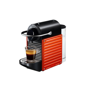 Nespresso Pixie aluminum capsule machine with lever open ready for capsule insertion brewing espresso