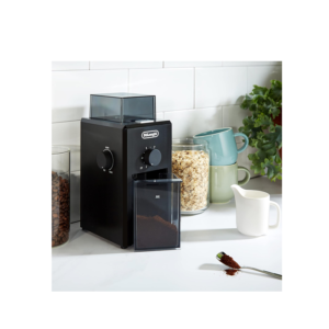 De'Longhi KG79 electric burr coffee grinder in black with transparent bean hopper and ground coffee container